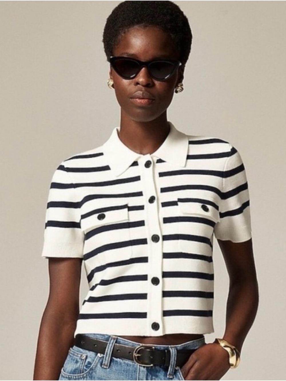 J. Crew Striped Short-Sleeve Knit Button-Down Polo in White and Navy